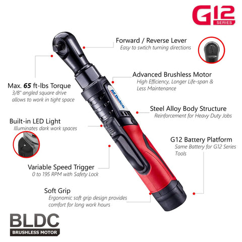 12V Cordless Brushless Ratchet Wrench Kit With Three Eighth Inch Drive, 65 Foot Pounds Torque, Li Ion Battery, LED Light