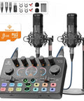Two Person Podcast Gear Bundle With Dual XLR Condenser Mics USB Audio Interface 48V Phantom Power Built In Recorder 8GB Card