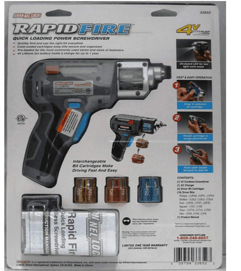 Go To Rapid Fire Quick Load Power Screwdriver With Interchangeable Bit Cartridges packaging with bit selection guide.