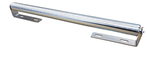 Beefy Galvanized Steel Roller Bracket For One Quarter Inch Round Axle Support shown with slotted mounting holes for 3/8 inch bolts