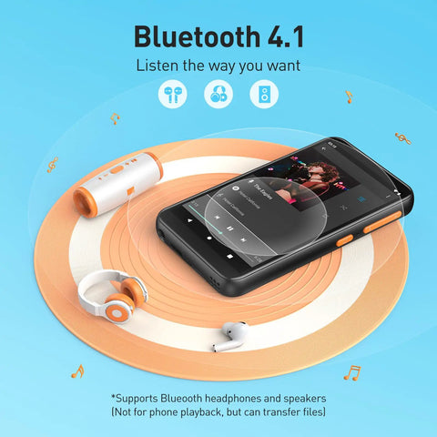 Kid Friendly MP3 Player With Bluetooth And WiFi 4 Inch Screen Music Player displayed with headphones and Bluetooth icons