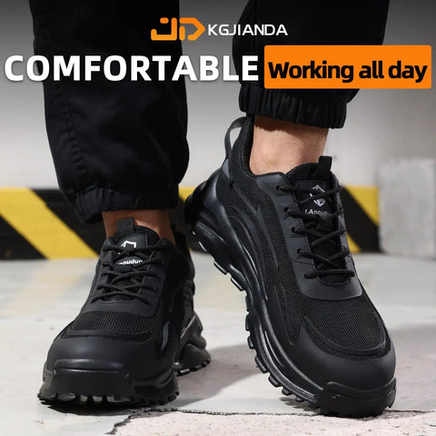 Steel Toe Work Shoes For Men That Are Built Tough For Construction And Warehouse Jobs Lightweight Safety Footwear With Max Impact Protection Smash Proof Comfort And Indestructible Durability For Industrial Use, black, side view