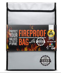 Fireproof Document Bag With 2000 Fahrenheit Rating, Legal Size 15 By 11 Inches, black and silver design, front view