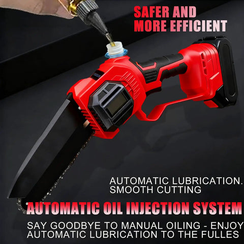 Do It All Cordless Pole Saw Kit with 8 Inch Bar featuring automatic oil injection for tree trimming, battery powered, red and black design