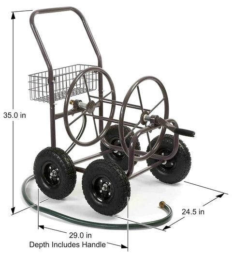 Heavy Duty Four Wheel Hose Reel Cart With 250 Foot Capacity, Steel Frame, Built In Garden Basket, Perfect For Backyard, Lawn Or Home Use, Brown Bronze Finish.