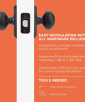 Privacy Door Knob With Push Button Lock For Bedroom And Bath Matte Black Fits Doors One And Three Eighths Inches To One And Three Quarters Inches Reversible Left Or Right Handed Easy To Install, shown in package with tools needed