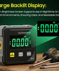 Rugged Digital Angle Finder With Laser Protractor Inclinometer displaying a large backlit screen for clear readings.
