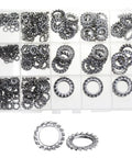 Premium 304 Stainless Steel External Multi-Tooth Star Lock Washers Set, 380 Pieces, M2.5 to M12 in organized white case