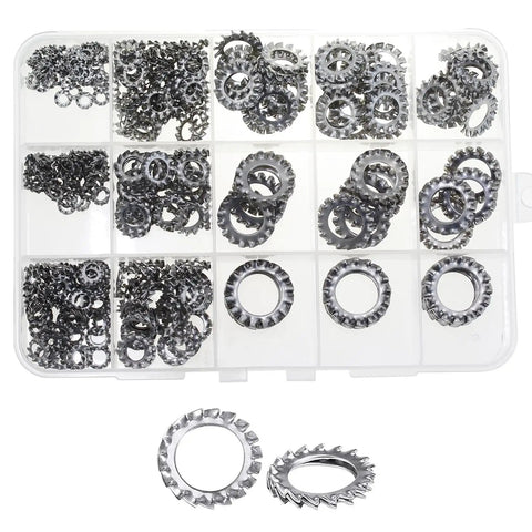 Premium 304 Stainless Steel External Multi-Tooth Star Lock Washers Set, 380 Pieces, M2.5 to M12 in organized white case