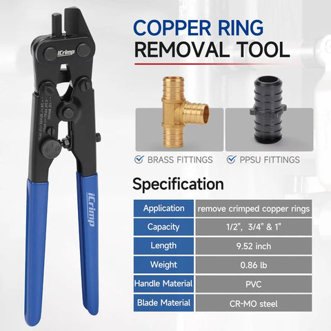 PEX Copper Ring Removal Tool Decrimper for copper rings, easy dial, rust resistant steel, half inch to one inch sizes.