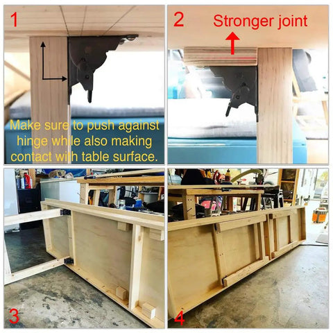 Premium Heavy Duty Folding Table Brackets 4 Pack Rock Solid Collapsible Shelf Supports With Self Lock Design shown attached to wooden table.