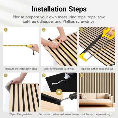 Installation steps for Game Changer Walnut Wood Slat Wall Panels Four Pack Acoustic Sound Dampening Board Set.