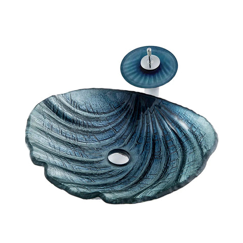 Game Changing Shell Shape Vessel Sink With Tempered Glass Bathroom Vanity Basin, above-counter sink with faucet and pop-up drain.