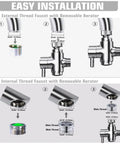 Easy installation guide for Brass Diverter Valve With Aerator And 3 Way Splitter, showing male thread adapter for sink attachment.