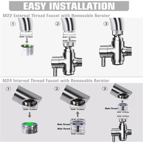 Easy installation guide for Brass Diverter Valve With Aerator And 3 Way Splitter, showing male thread adapter for sink attachment.