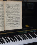 Open music score on upright piano with visible brass hinge, similar to 4 Piece Copper Piano Hinge Set For Wooden Boxes And Crafts