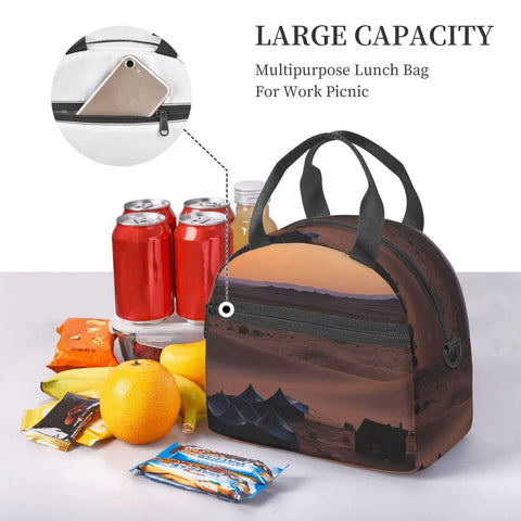 Insulated Lunch Tote For Women And Men With Leakproof Zippers Reusable Desert Camping Cooler Bag on table with fruit and drinks
