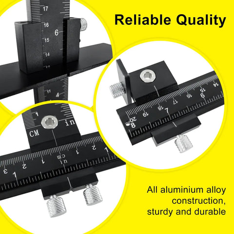 Precision Aluminum Hardware Drilling Jig Drill Template For No Sweat Cabinet Pull Setup With Built In Sight Lines showing aluminum frame with scale guides.