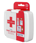 Red Cross First Aid Go To Mini Kit With 12 Essentials Wipes Bandages Gauze Pads Portable Durable Case For Travel Home Car Camping And Emergencies Great For Home Office On The Go in a compact white case with red accents.