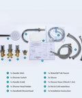 Components of 5 Hole Deck Mount Tub Faucet Chrome With Hand Shower Brass Roman Tub Filler Set including hoses and handles.