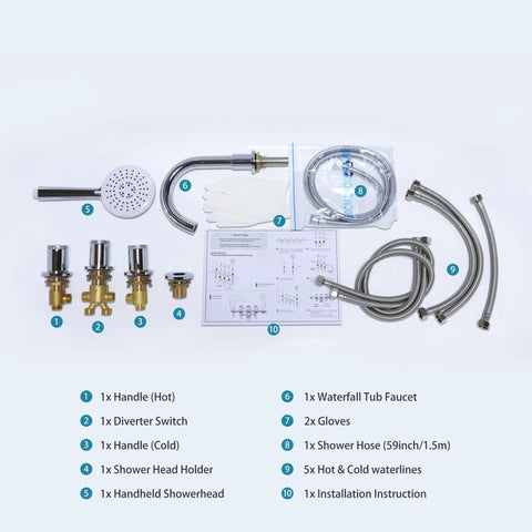 Components of 5 Hole Deck Mount Tub Faucet Chrome With Hand Shower Brass Roman Tub Filler Set including hoses and handles.