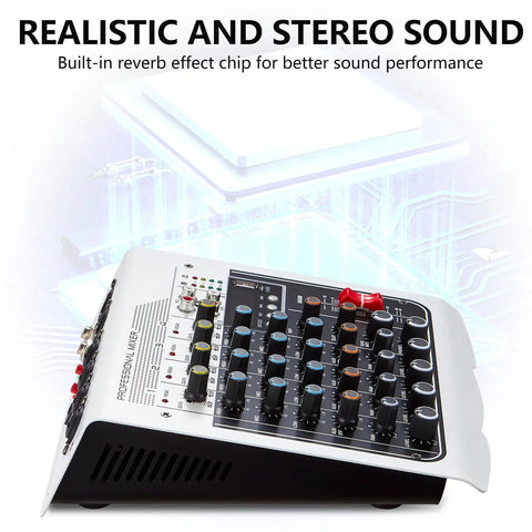 Side view of Six Channel DJ Mixer With USB MP3 Bluetooth Input, Four Mic Preamps, Built In DSP Effects, 48V Phantom Power.