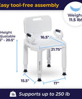 Shower Bathroom Bench With Back And Arms, Adjustable Height, Grippy Suction Cup Feet For Stability, Durable Plastic Seat, 350 Lb Capacity, White