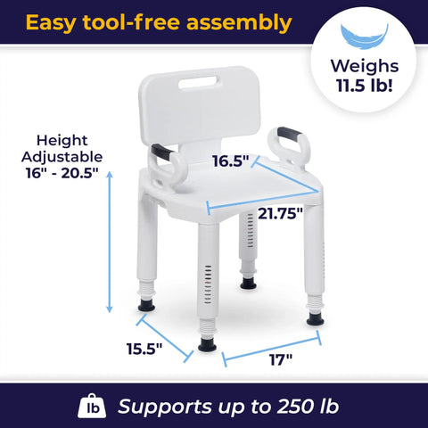 Shower Bathroom Bench With Back And Arms, Adjustable Height, Grippy Suction Cup Feet For Stability, Durable Plastic Seat, 350 Lb Capacity, White