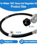 Upgraded Propane Hose And Regulator Kit For Genesis 300 And Summit 400 And 600 Series Grills Leak Free Safe Connection With Precise Gas Flow Easy Install Durable Regulator And Hose For Genesis And Summit Grills shown with dimensions 4-inch diameter and 32-inch length.