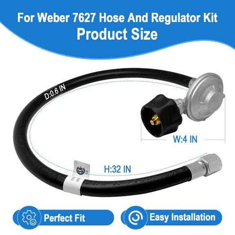 Upgraded Propane Hose And Regulator Kit For Genesis 300 And Summit 400 And 600 Series Grills Leak Free Safe Connection With Precise Gas Flow Easy Install Durable Regulator And Hose For Genesis And Summit Grills shown with dimensions 4-inch diameter and 32-inch length.