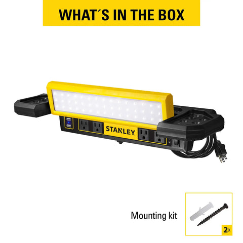 Adjustable 45 COB LED Workbench Light With 1000 Lumens, Built-In AC Outlets, Dual USB Ports, Tool Storage, mounting kit included