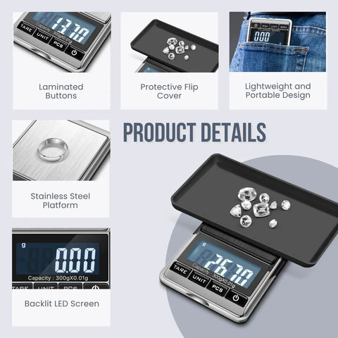 Compact Digital Scale With.01 Gram Precision For Jewelry Gold And Coins, showing stainless steel platform and backlit screen
