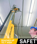 Hella Smooth Overhead Drill Press For Concrete With Seven Foot Reach Integrated Dust Extraction Scissor Lift Compatible, yellow rig reaching to 7 feet.