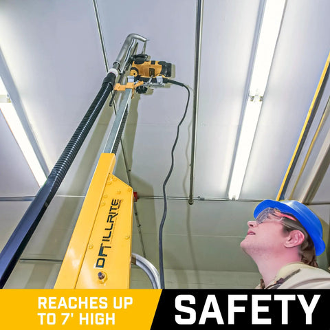 Hella Smooth Overhead Drill Press For Concrete With Seven Foot Reach Integrated Dust Extraction Scissor Lift Compatible, yellow rig reaching to 7 feet.