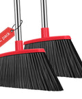 Heavy Duty Angle Broom With Adjustable Handle And Wide Brush Head Built Like A Beast To Clean Concrete Patios Garages And Driveways Without Breaking A Sweat Two Pack Black Red, featuring two angled push brooms with red handles.