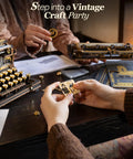 Typewriter 3D Wooden Puzzle Kit For Adults Mechanical Model Build No Batteries Gears Spin Typebars Swinging Knobs See Inside Vintage Black Style Desk Display Gift That Slaps, hands assembling basswood parts