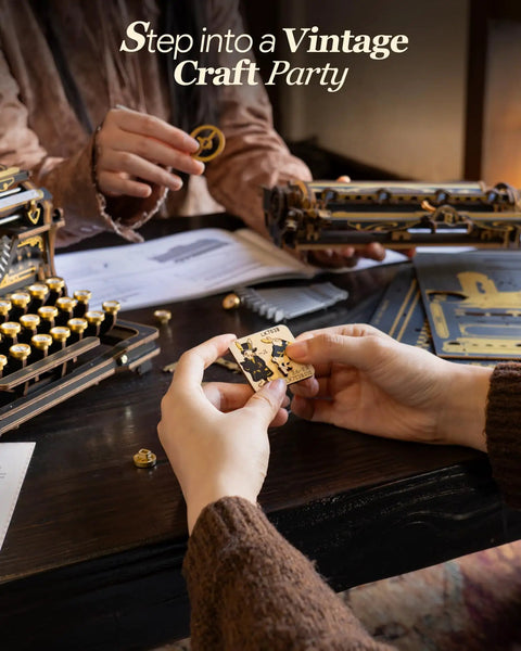 Typewriter 3D Wooden Puzzle Kit For Adults Mechanical Model Build No Batteries Gears Spin Typebars Swinging Knobs See Inside Vintage Black Style Desk Display Gift That Slaps, hands assembling basswood parts