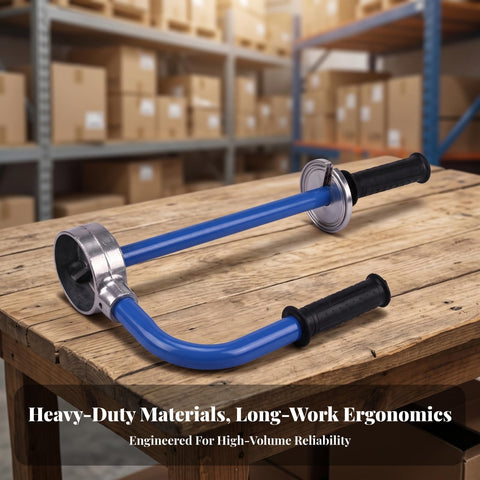 Heavy Duty Manual Wrapping Tool And Stretch Film Dispenser With Hella Comfortable Black Handles For No Sweat Packing, blue alloy frame.