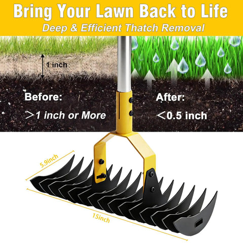 2 In 1 Lawn Dethatcher Rake With Dual Side Tines, Heavy Duty 15 Inch Rake For Dethatching, Clears Dead Grass And Leaves