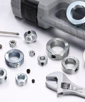 12 Pack Hollow Shaft Collars With Set Screws One And One Eighth Inch Bore One And Three Fourths Inch Outer Diameter Five Eighths Inch Thick Zinc Plated Carbon Steel Lightweight Lock Collar Clamp For Axles displayed with tools.