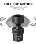 Close-up of 10 Piece 3/8 Inch Drive Universal Flex Impact Socket Set, 6-Point CR-MO Steel, with 360-degree flexible motion