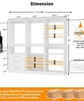 Heavy Duty Top Shelf Modular Closet Organizer System With Three Roomy Drawers And Eleven Big Shelves Plus Five Reliable Hanging Rods For Walk In Wardrobe Upgrades In Clean White dimensions illustration with measurements.