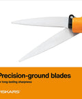 Close-up of Shear Ease Grass Shears with 360 Degree Swivel Blades showing precision-ground stainless steel blades for edging.