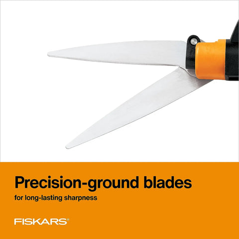 Close-up of Shear Ease Grass Shears with 360 Degree Swivel Blades showing precision-ground stainless steel blades for edging.