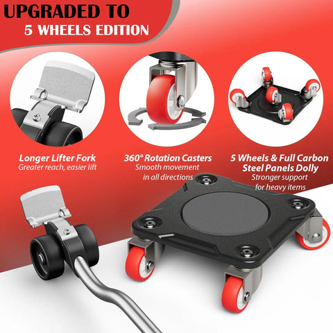 No Sweat Moving Heavy Duty Furniture Movers With Five Wheel Dollies showing upgraded rollers and 360° rotation casters for easy appliance transport.