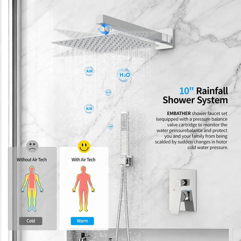 10 Inch High Pressure Wall Mounted Square Shower System With Handheld And Valve Chrome Polished Finish Rain Shower Head Long 71 Inch Hose 16 Inch Shower Arm 360 Degree Holder Easy Install
