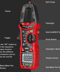 Front view of Digital Clamp Meter With True RMS For AC And DC Voltage And Current Auto Ranging Pro Grade Multimeter Tests.