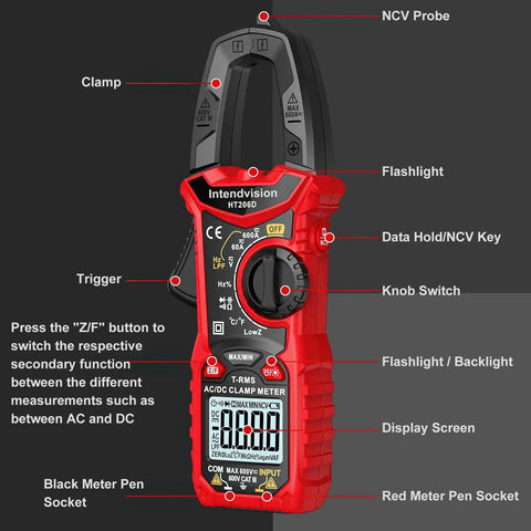 Front view of Digital Clamp Meter With True RMS For AC And DC Voltage And Current Auto Ranging Pro Grade Multimeter Tests.