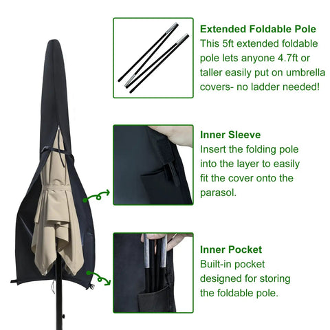 Universal 9 To 12 Foot Market Umbrella Cover Waterproof 600D with foldable pole, inner sleeve, and storage pocket features.