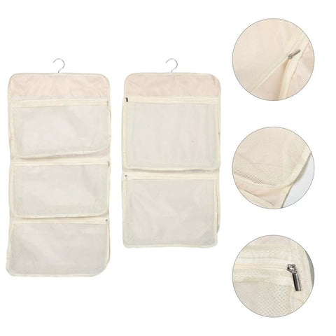 Game Changer 2 Pack Mesh Hanging Closet Storage Organizers Beige showing anti tangle pockets and hanging hooks.